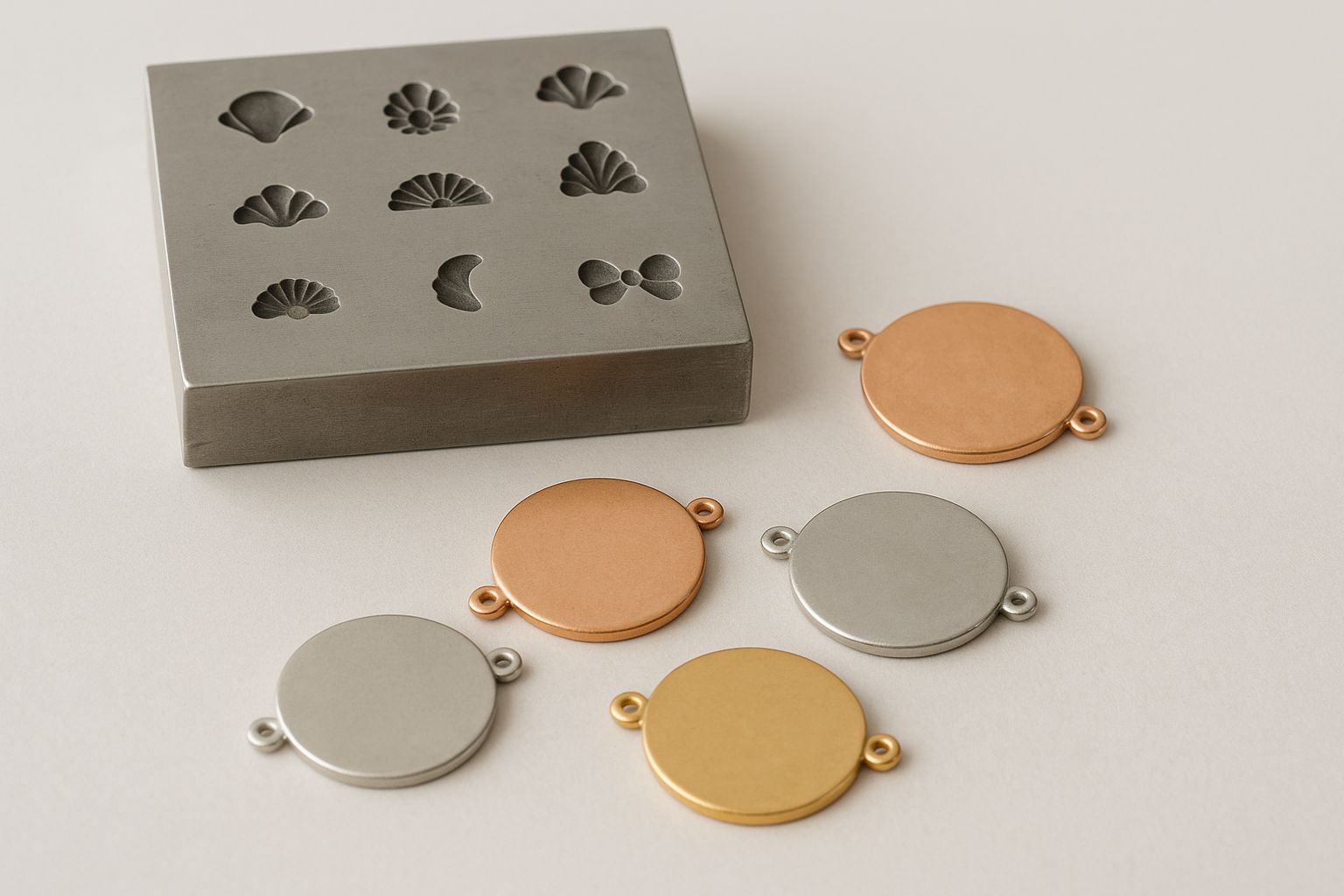 Närbild av en metallplatta som stämplas för smyckestillverkning